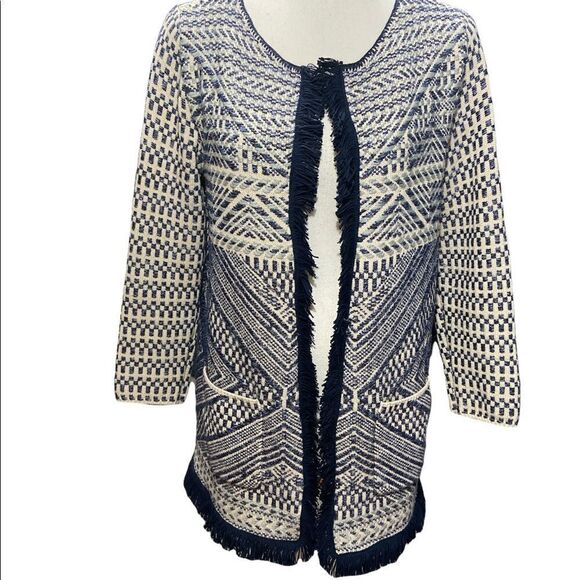 Lucky Brand Open Front Blue Cardigan Sweater Fringe Trim Geometric Size Medium - Picture 1 of 8